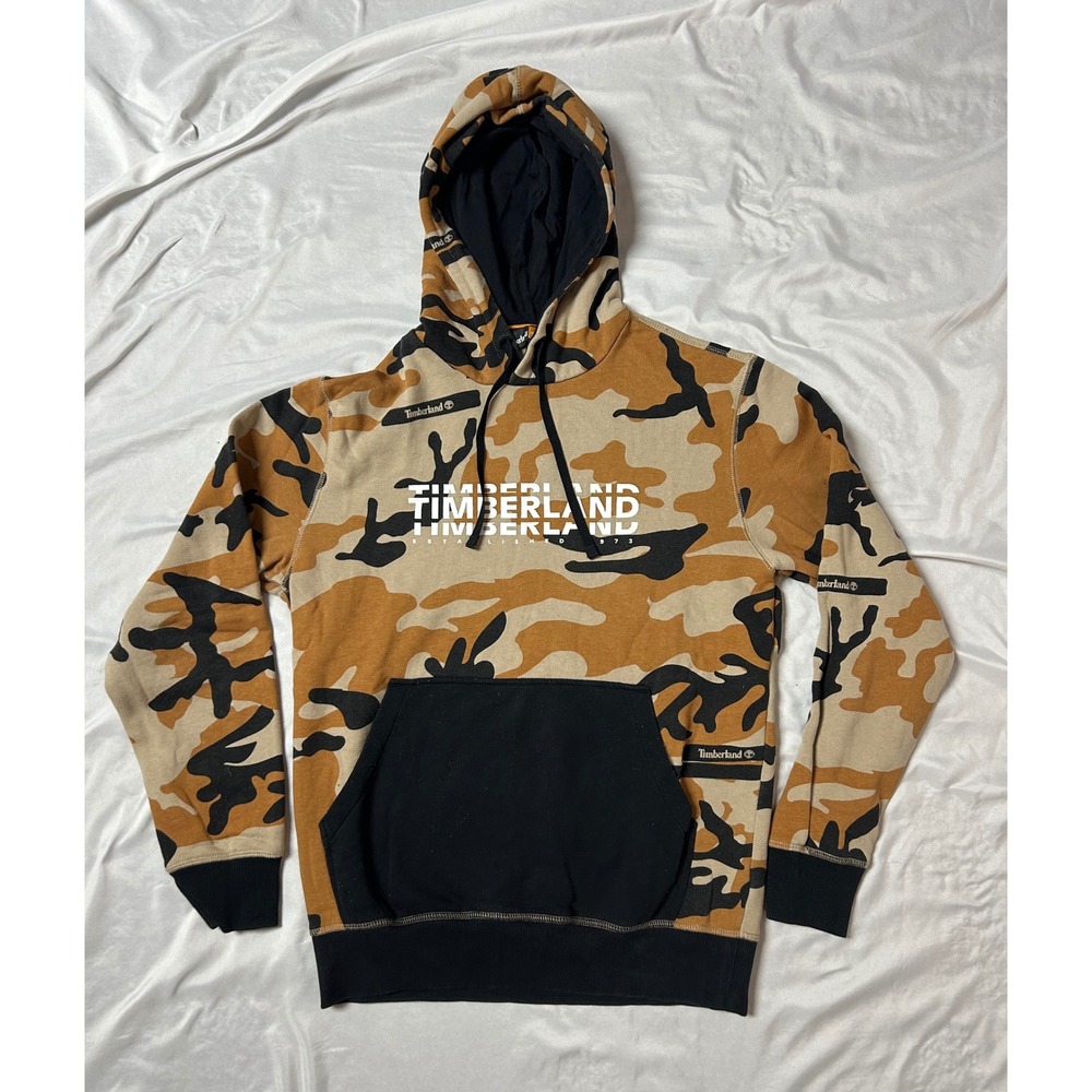Timberland Mens Camo Pullover Hoodie Brown Tan Black Logo Sweatshirt Small